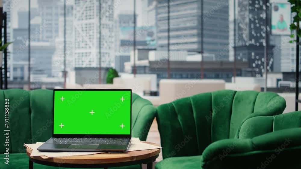 Poster empty modern luxurious office showcasing isolated display on laptop, high end workspace equipped wit