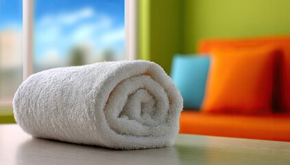 Clean white rolled towel on a table with a bright window view and colorful cushions.
