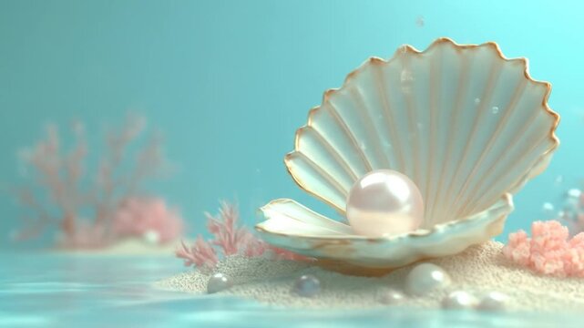 A delicate seashell cradles a lustrous pearl in a tranquil underwater scene.