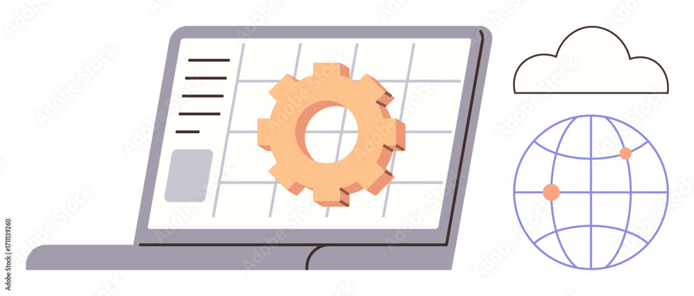 Poster laptop with gear on grid, globe with network points, and cloud. ideal for technology, software, data