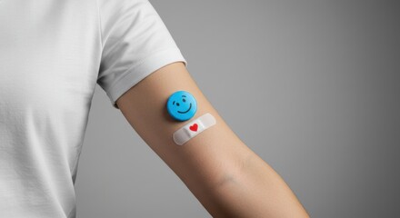 A person showing their arm with a band aid and smiley face sticker on it