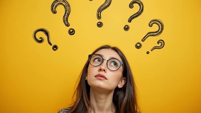 Confused young woman with glasses looking at question marks	