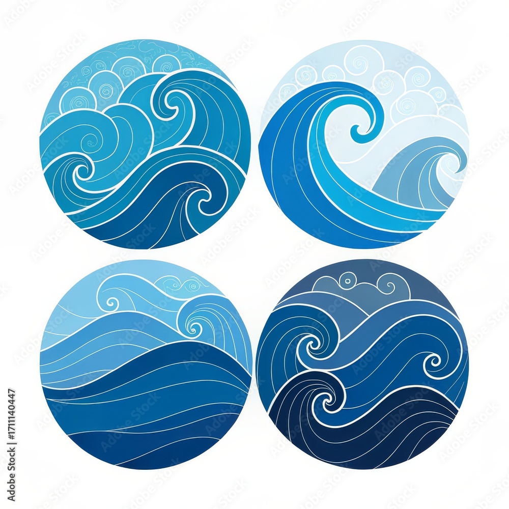 Poster set of four round wave icons isolated on white background