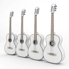 Obraz premium Four acoustic guitars isolated on white background in 3d rendering style