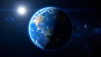 Obraz premium A vibrant digital depiction of Earth and moon against a star-speckled backdrop with bright sunlight. The continents are defined