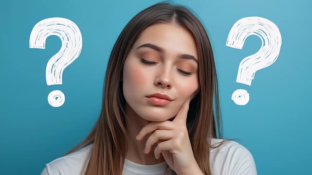 Pensive young woman with her hand on her chin and question marks	