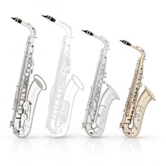 Naklejka premium Four saxophones in a row isolated on white background, musical instrument concept