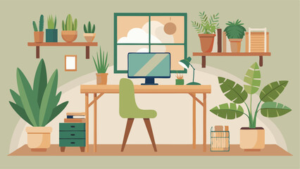 A home office with a large desk made of bamboo and a variety of succulents on top providing a natural and calming workspace.