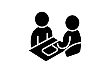 This image shows a simple black-and-white icon illustration of two people sitting across from each other at a table.