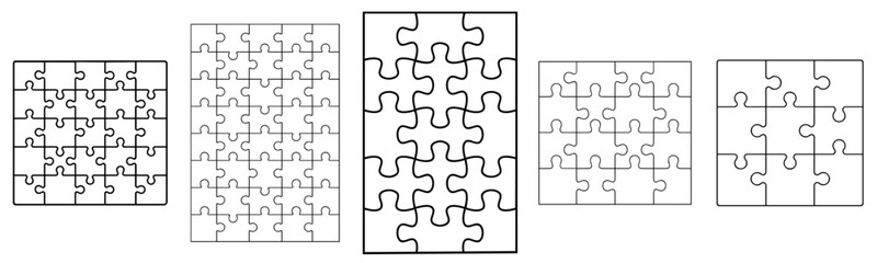 Set of jigsaw puzzle templates with square and rectangular piece layouts, outline design for games and educational activities