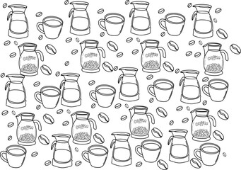 Seamless Pattern Featuring Coffee Cups Plants and Minimalistic Line Drawings