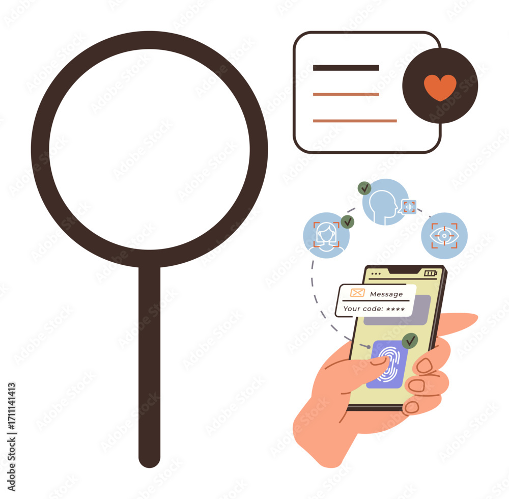 Aufkleber hand holding a smartphone with fingerprint scan and verification code entry. heart icon, magnifying 