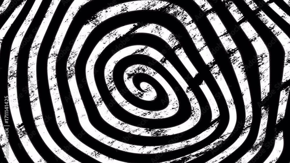 Poster Abstract hypnotic grunge spiral. Hand-drawn black and white textured swirl pattern. Psychedelic doodle design element for overlay and compositions, isolated on a transparent background.