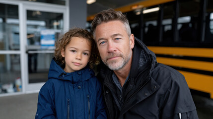 A touching moment highlights a father and child sharing a heartfelt embrace near a bus station, showcasing the themes of love, security, and familial bonds in everyday life.