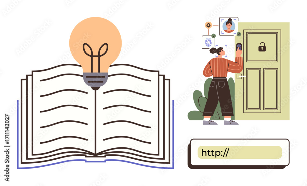 Poster open book with lightbulb symbolizing knowledge and ideas paired with a figure accessing a locked doo