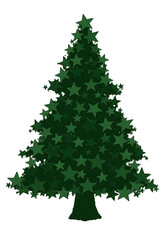 A dark green christmas tree adorned with small star shaped ornaments against a black background