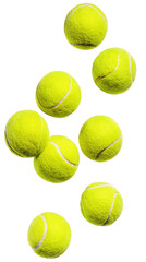 A collection of bright yellow tennis balls falling down.