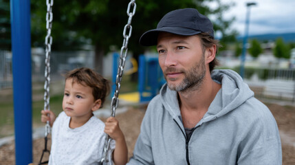 Obraz premium A heartwarming scene of a father sitting beside his son on swings at a playground, capturing the essence of family fun and shared moments in an outdoor setting.