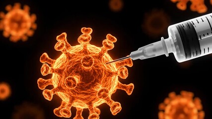 Conceptual medical illustration of a syringe needle injecting a vaccine into a coronavirus cell for immunization - Powered by Adobe