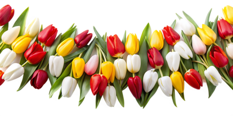 Colorful curved arrangement of tulips with green leaves flowers floral Cutout PNG Ai isolated on a transparent background