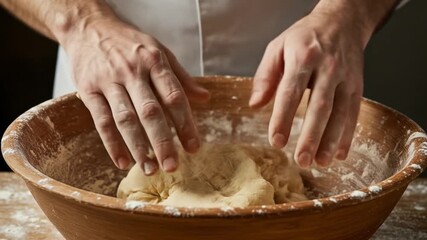 Artisan Baker Kneading Dough in a Clay Bowl. - Powered by Adobe