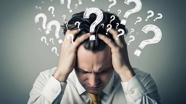 Stressed businessman with headache and many question marks	