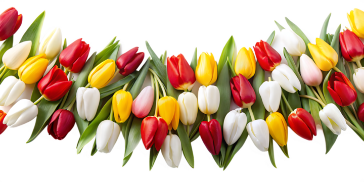 Colorful curved arrangement of tulips with green leaves flowers floral Cutout PNG Ai isolated on a transparent background