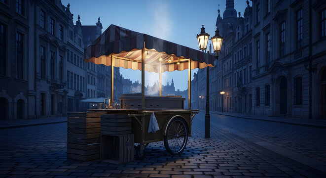 An empty food cart stands under a glowing streetlamp on a cobblestone street in a historic city at night, evoking nostalgia, mystery, and the charm of quiet urban evenings and timeless traditions.

