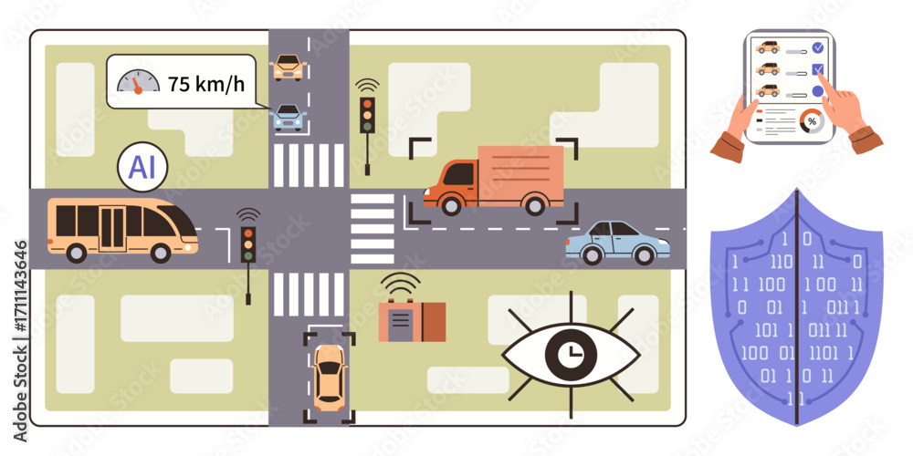 Fototapete smart city traffic system integrating ai with vehicle monitoring, sensors, and data analytics. ideal