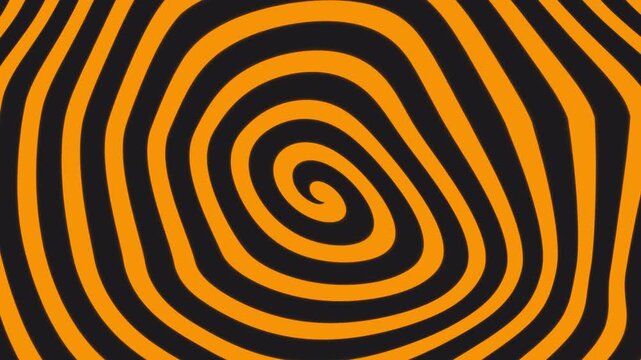 Abstract swirling orange and black hypnotic spiral pattern animation. Distorted psychedelic concentric lines creating an optical illusion effect. Graphic element on transparent background for overlay.
