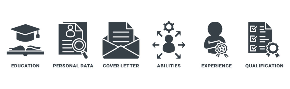 Curriculum Vitae icon set vector concept with icon of education, personal data, cover letter, abilities, experience, qualifications 