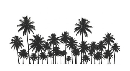 Fototapeta premium A silhouette of a dense cluster of palm trees against a white background.