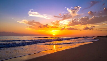 A vibrant sunset bathes a sandy beach, reflecting in the wet sand as waves gently lap the shore. A few silhouettes are seen far off