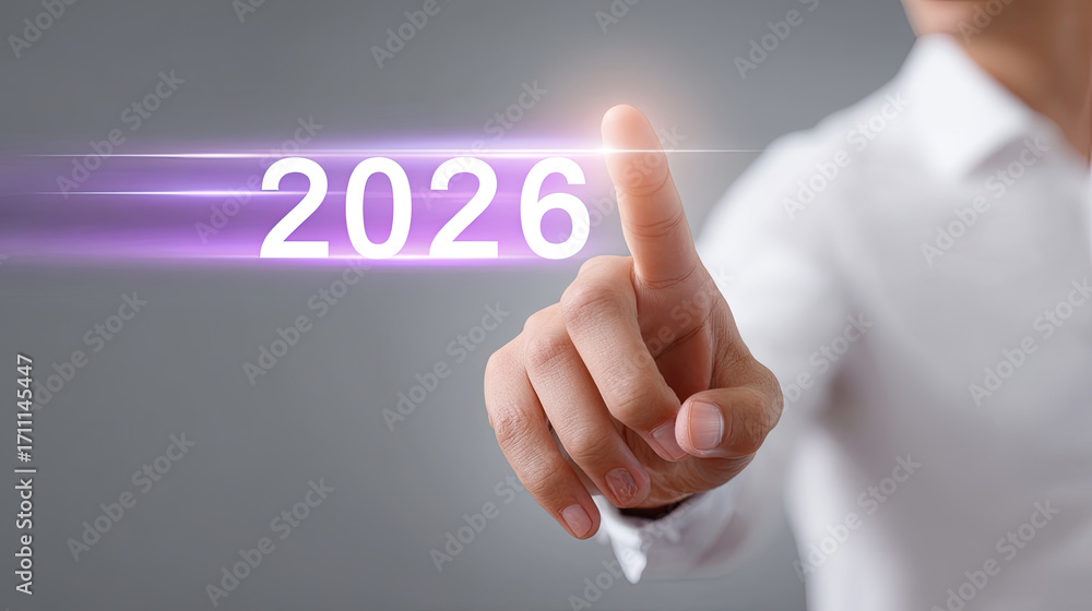 Poster futuristic hand pointing at year 2026, symbolizing progress and innovation in technology and time. i