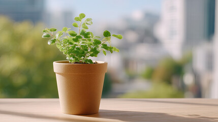 Small pot with young green plant sits on wooden surface, showcasing its vibrant leaves against blurred city background. scene evokes sense of freshness and tranquility