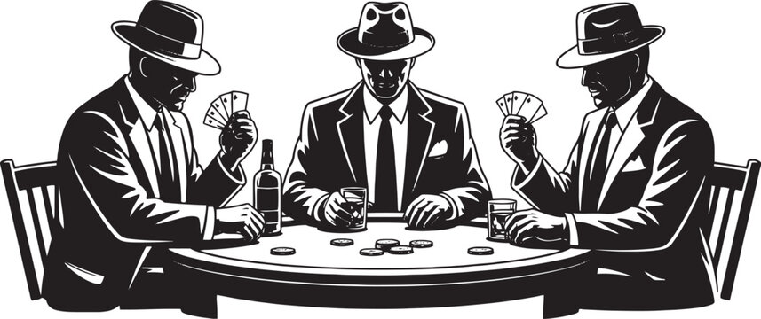 Men in suits playing cards at table with drinks and chips hats