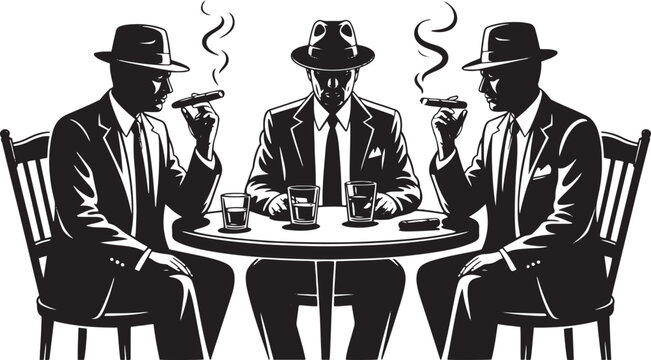 Three men in suits and hats smoking cigars and drinking at a table mafia