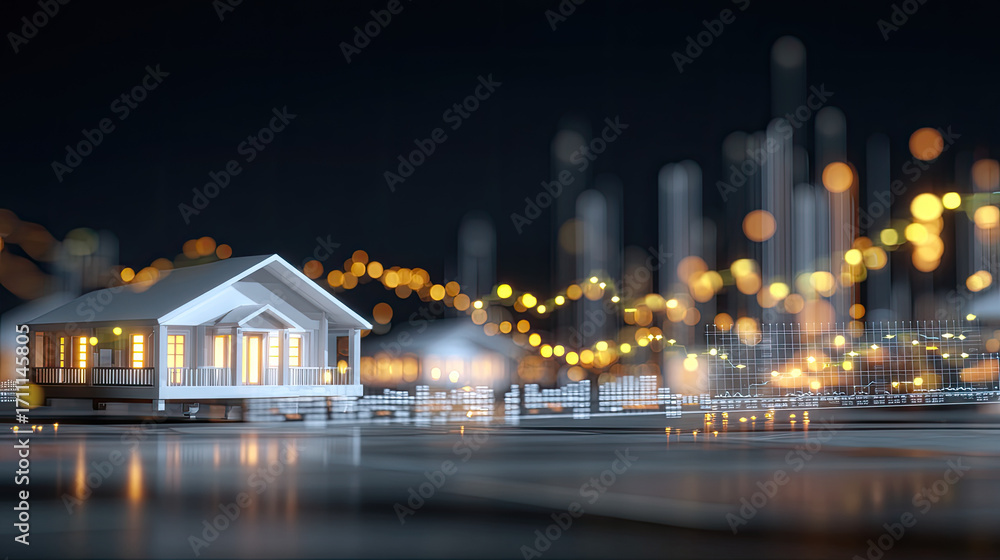 Poster modern house model with glowing lights is set against backdrop of abstract data visualizations, repr