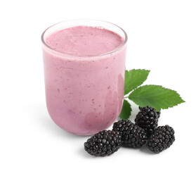 Glass of fresh blackberry smoothie and berries on white background