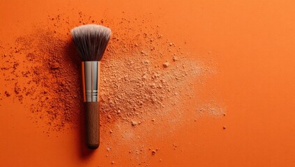 Makeup brush with powder on orange background, beauty concept.