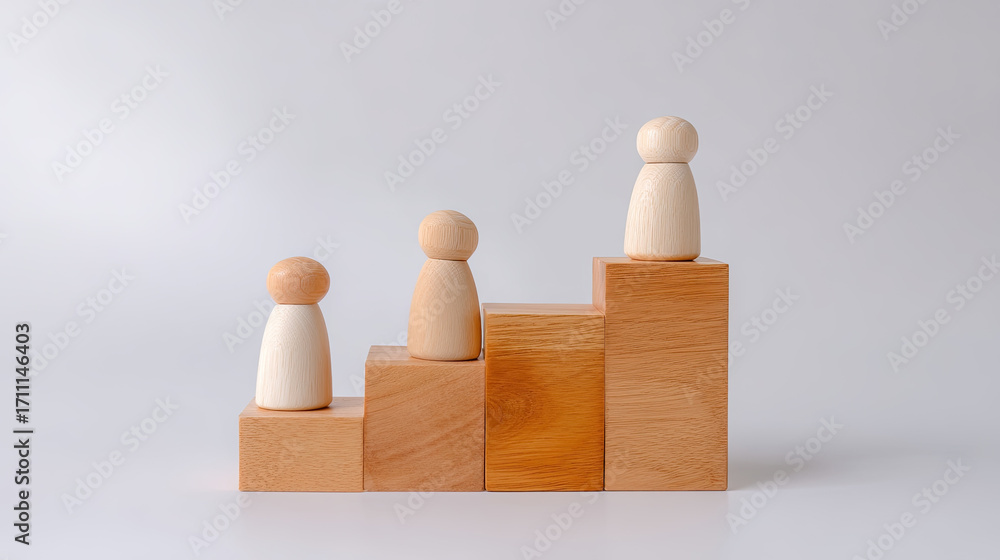 Poster career growth metaphor with three wooden figures on steps representing progress and achievement. thi