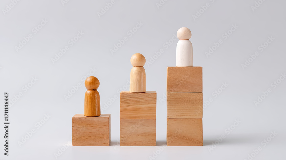 Poster career growth metaphor with three wooden figures representing progress and achievement. figures are 