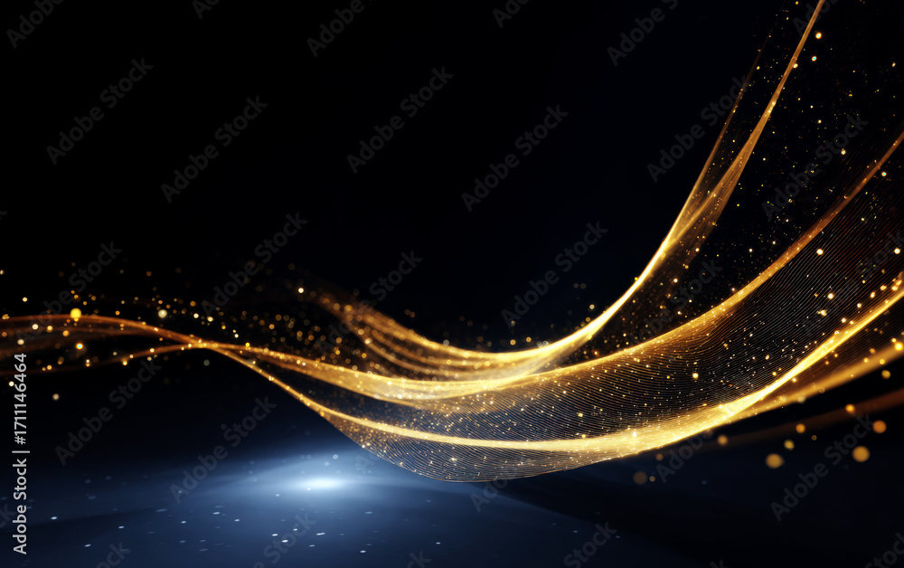 Poster dynamic golden light streaks with sparkling particles on dark background