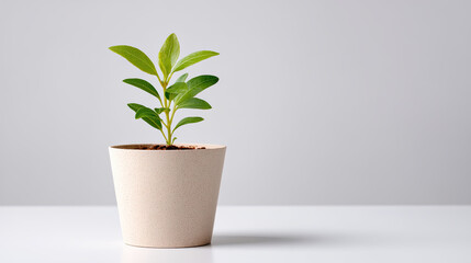 Closeup of young seedling growing in beige pot, showcasing vibrant green leaves against minimalistic background. This evokes sense of freshness and new beginnings