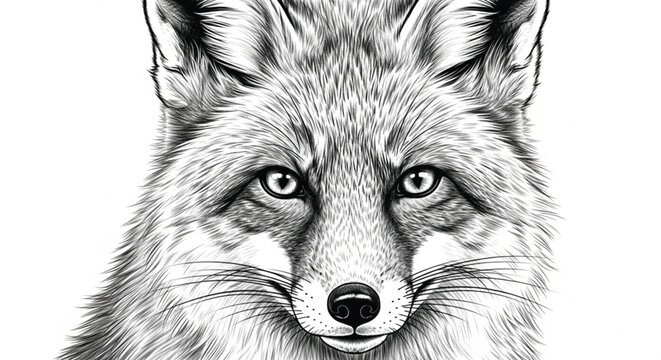 A detailed black and white sketch of a fox's face stares intently forward.
