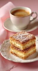 Delicious layered pastry dessert with coffee cup on a pink background.