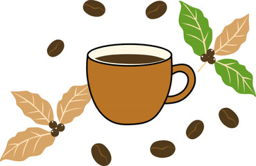 Illustrated Coffee Cup with Beans and Plant Branches 