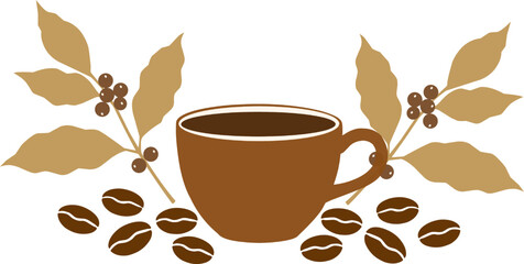 Illustrated Coffee Cup with Beans and Plant Branches 