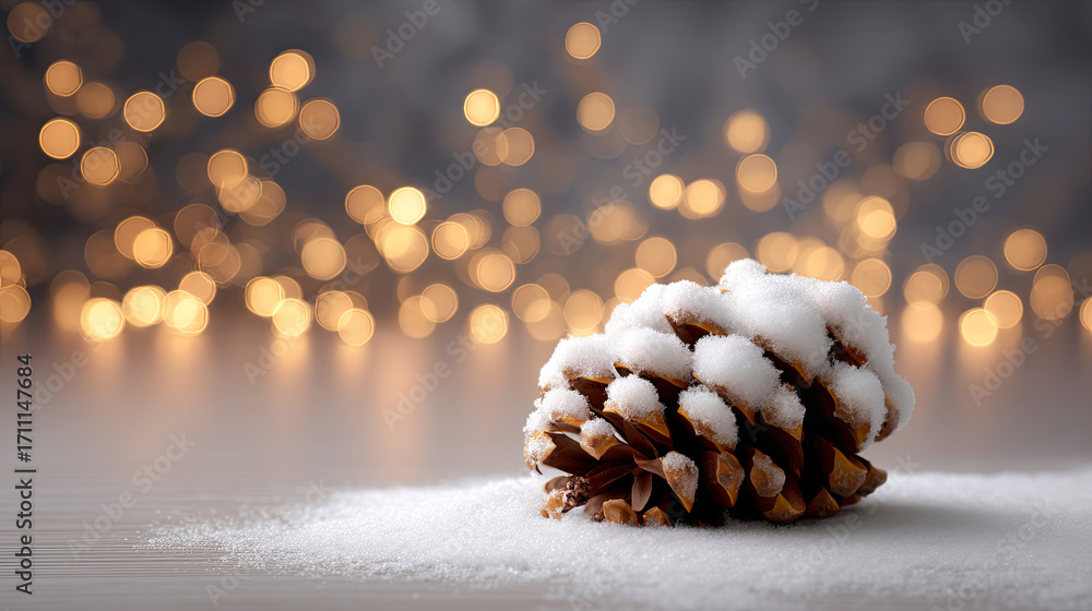 Poster closeup of snow covered pinecone resting on snowy surface, surrounded by soft, warm bokeh background