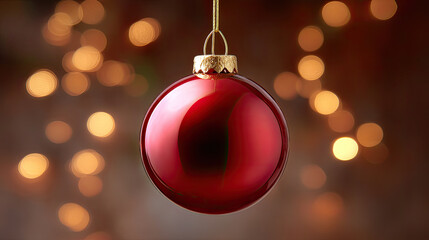 Fototapeta premium Closeup of shiny red Christmas bauble hanging against blurred background of warm, glowing lights, evoking festive and joyful atmosphere